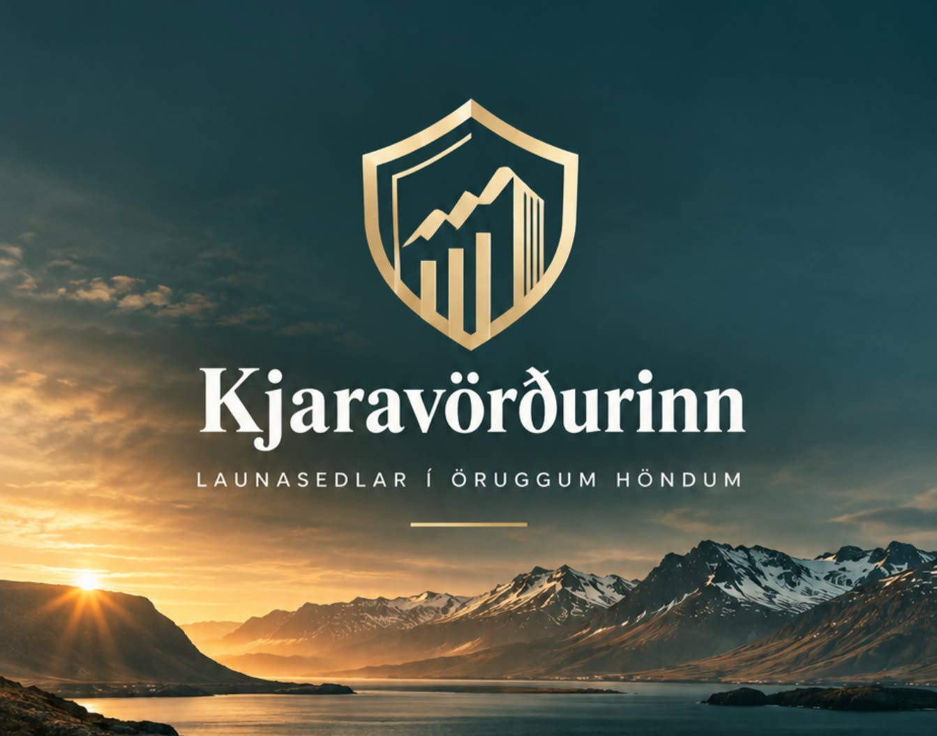 Kjaravörðurinn — launaseðlar í öruggum höndum. Gylltur skjöldur yfir fjallalandslagi í sólarlagi.